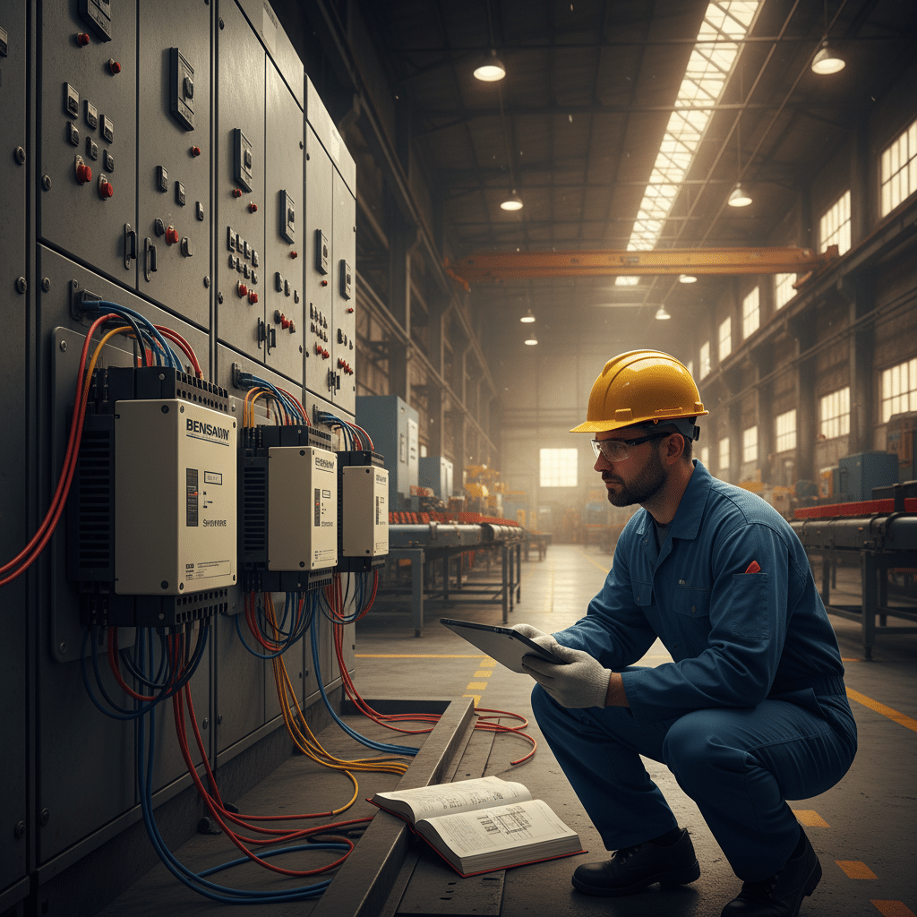 Technician referencing a manual for the correct installation and wiring of Benshaw RB2 softstarters to ensure safety and p...