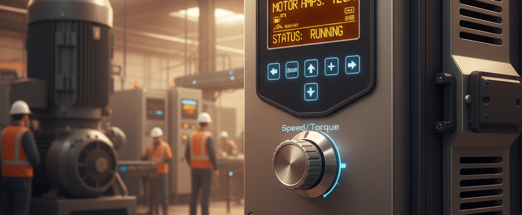 Close-up of the Benshaw RB2 softstarters unit, showing its digital display and control interface for modern motor protection.
