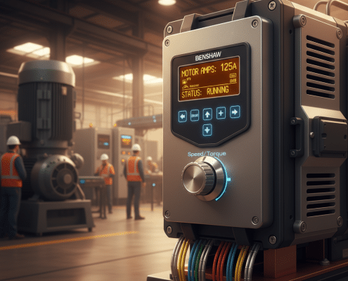 Close-up of the Benshaw RB2 softstarters unit, showing its digital display and control interface for modern motor protection.