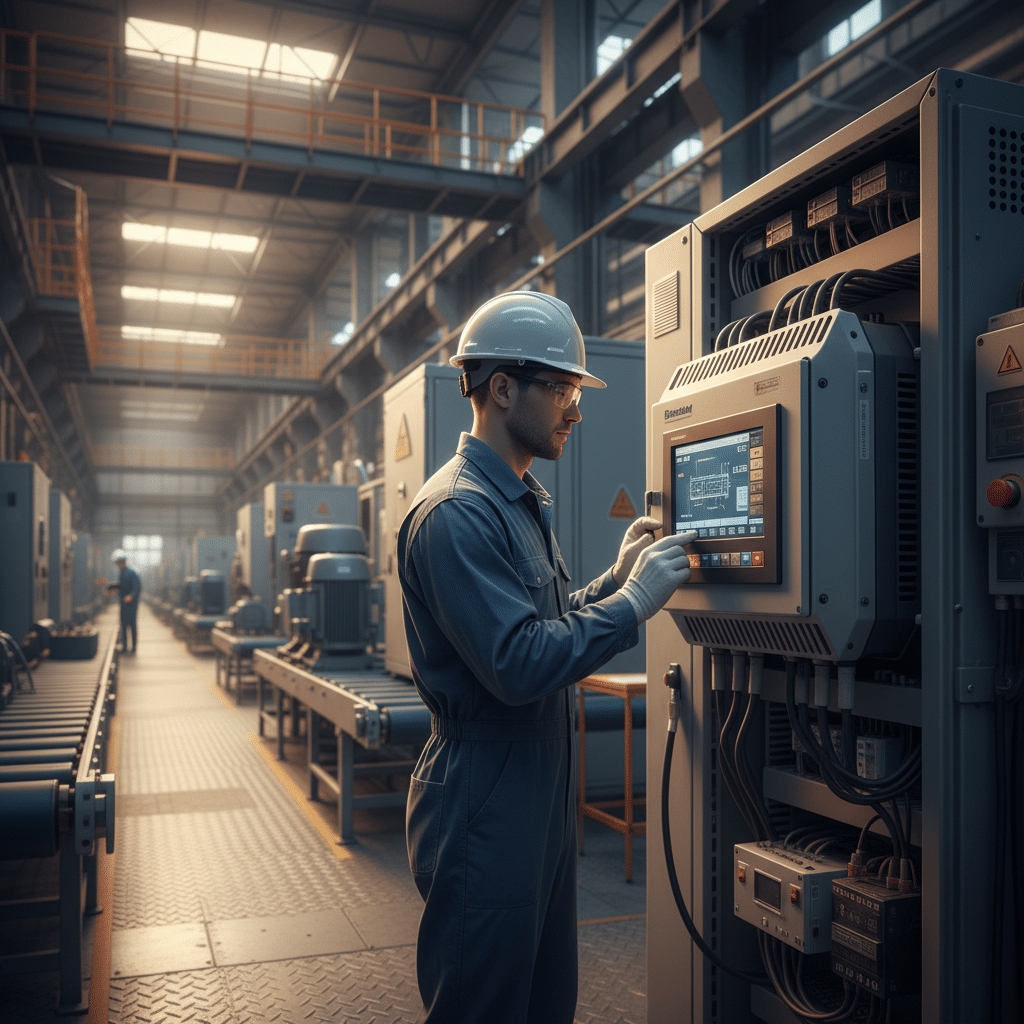Technician programming the key parameters on the user interface of one of the Benshaw RB3 softstarters.