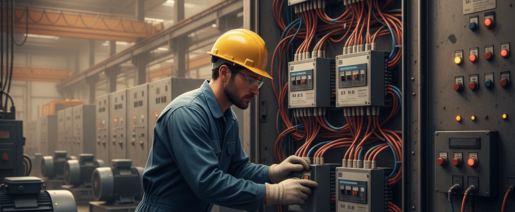 Technician working on Benshaw RB3 softstarters inside an industrial control panel to ensure smooth motor startup.