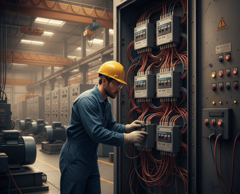 Technician working on Benshaw RB3 softstarters inside an industrial control panel to ensure smooth motor startup.