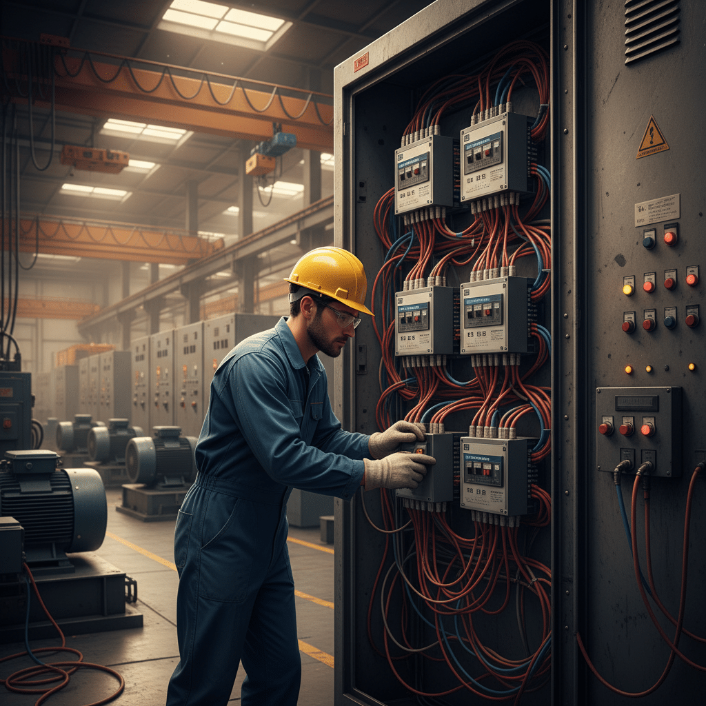 Technician working on Benshaw RB3 softstarters inside an industrial control panel to ensure smooth motor startup.