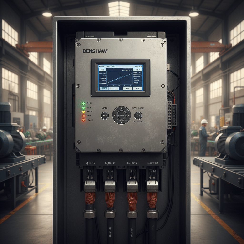 A clear product image of the Benshaw RB3 softstarters, highlighting the unit's interface and design for motor control.