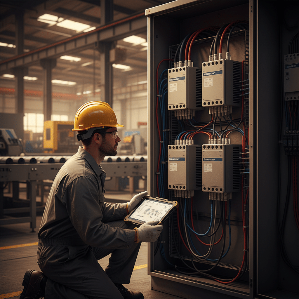 A technician carefully follows a manual for the initial wiring setup of the Benshaw RB3 softstarters.