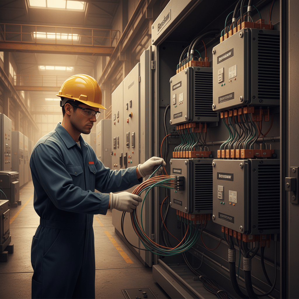 A technician correctly wiring a control panel that features several Benshaw RX2E softstarters, ensuring proper installation.