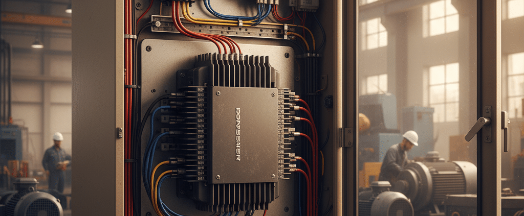 benshaw rx4e softstarters - A Benshaw RX4E softstarter unit mounted inside an industrial control panel, showcasing its role i