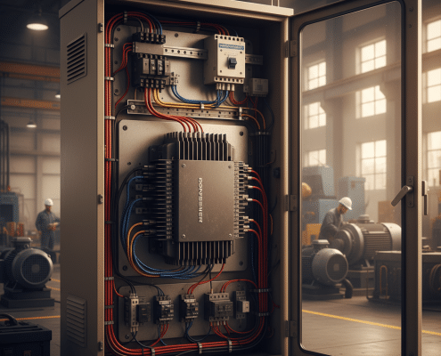benshaw rx4e softstarters - A Benshaw RX4E softstarter unit mounted inside an industrial control panel, showcasing its role i