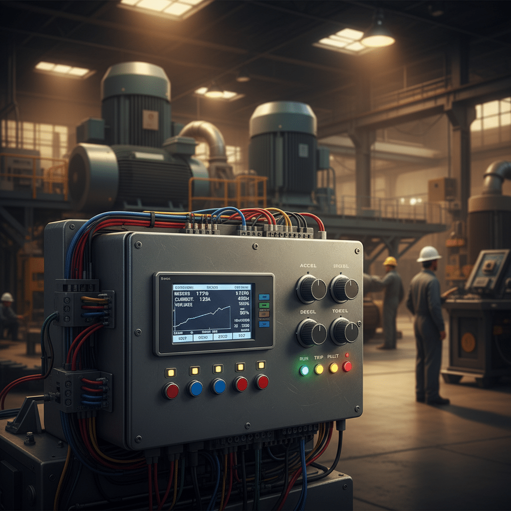 A close-up of the Benshaw RX4E softstarters control panel, highlighting its key features and specifications for motor cont...