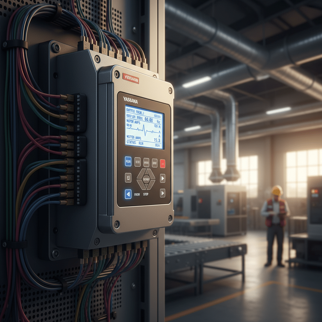 A close-up view of the Yaskawa V1000 variable frequency drives VFDs, highlighting the digital operator and control interface.
