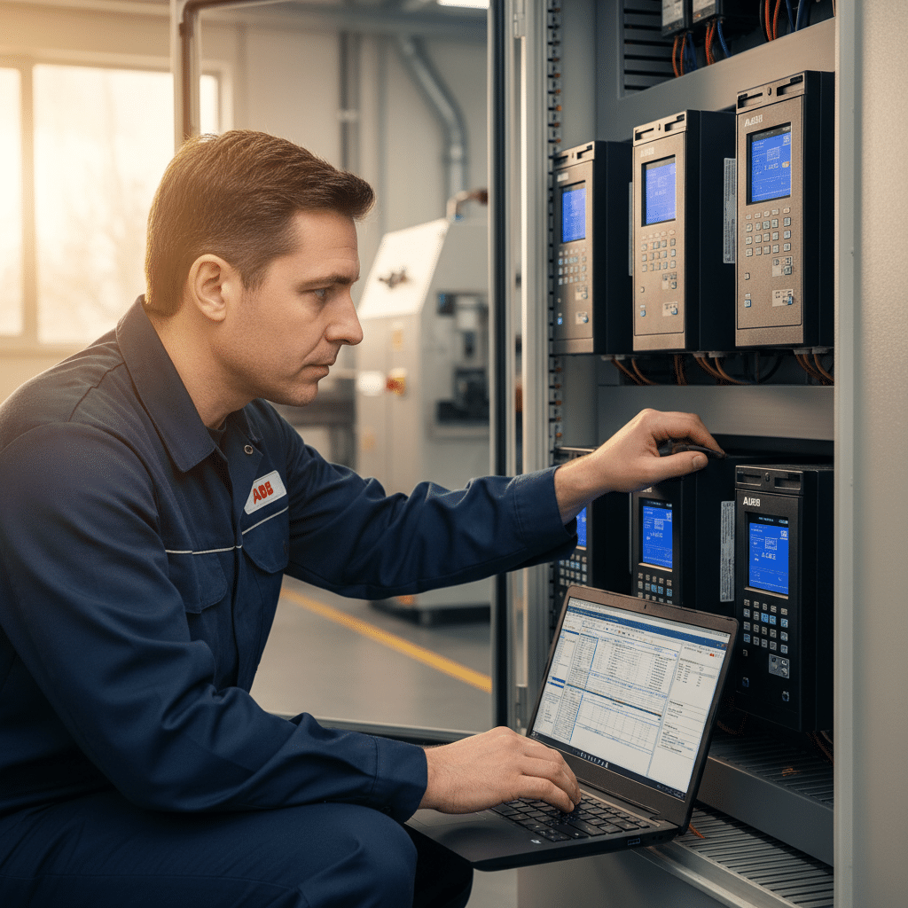 abb acs310 variable frequency drives vfds - Technician configuring the parameters on one of the ABB ACS310 variable frequency