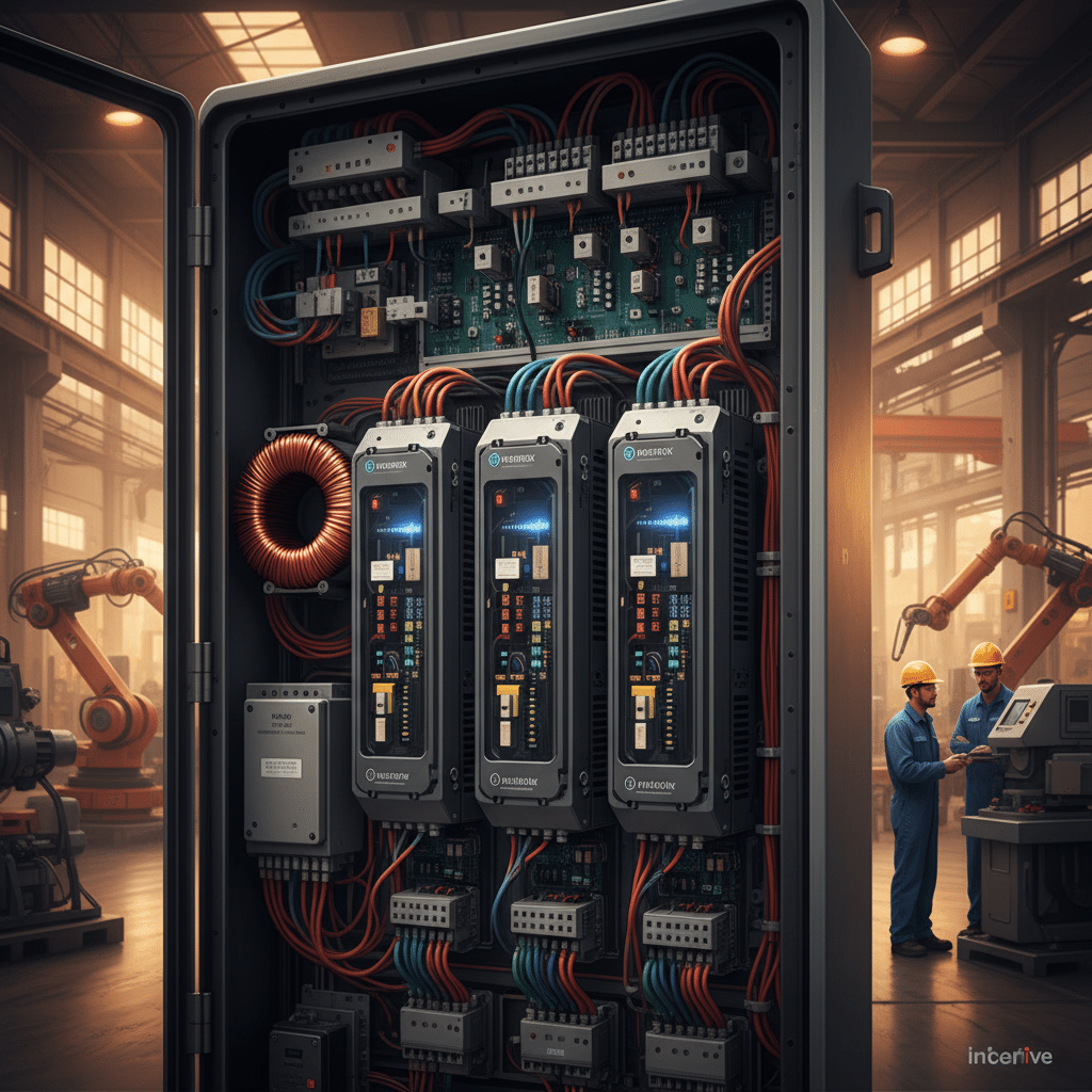 Close-up view of the core features of Invertek Optidrive cabinet variable frequency drives VFDs, highlighting the internal...