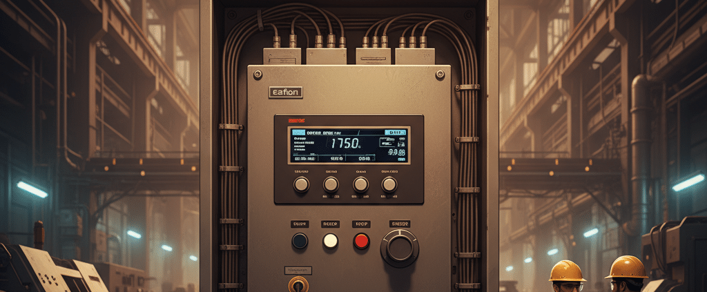 A front view of the Eaton DG1 variable frequency drives VFDs, showing the control panel and digital display for motor cont...
