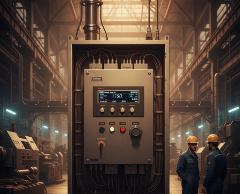 A front view of the Eaton DG1 variable frequency drives VFDs, showing the control panel and digital display for motor cont...