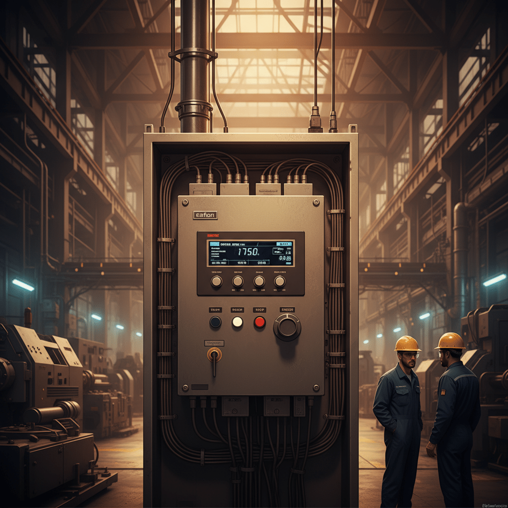 A front view of the Eaton DG1 variable frequency drives VFDs, showing the control panel and digital display for motor cont...