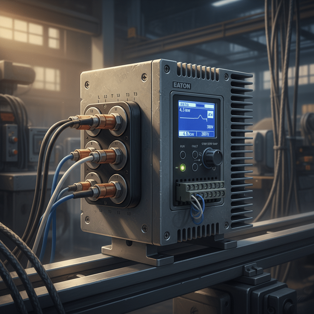 A clear product image of the compact Eaton DS6 softstarters, highlighting the device's main features for motor control.