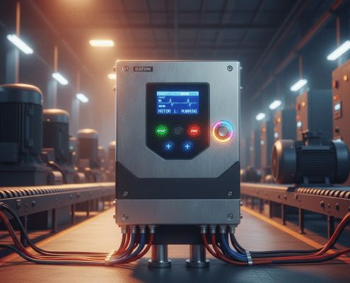 A front view of the Eaton DS6 softstarters unit, showing its compact design and user interface for industrial motor control.