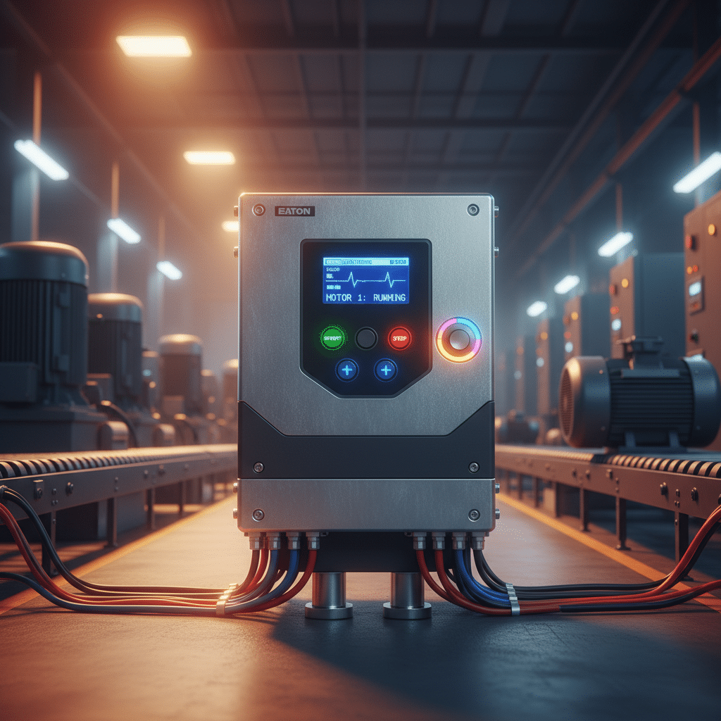 A front view of the Eaton DS6 softstarters unit, showing its compact design and user interface for industrial motor control.