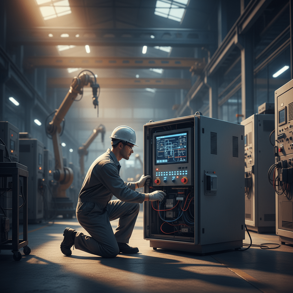 A technician carefully examining the control panel of the Eaton H-Max variable frequency drives VFDs to diagnose a specifi...