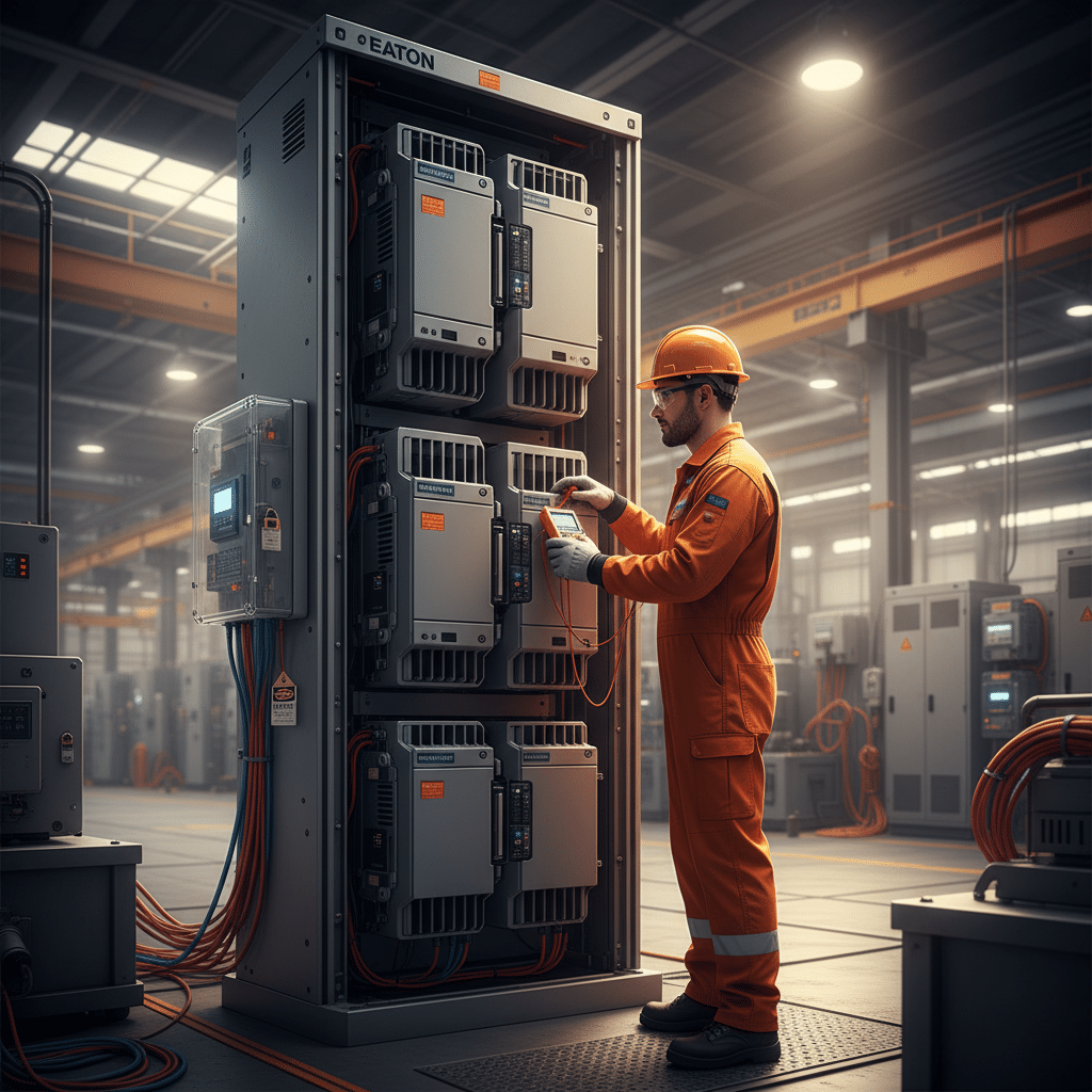 An electrician safely inspects Eaton H-Max variable frequency drives VFDs, demonstrating critical safety measures before t...