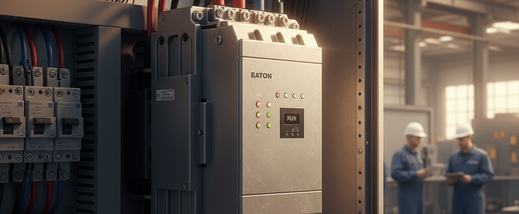 A close-up view of the Eaton S801 softstarters unit installed in a control panel for reduced voltage motor starting.