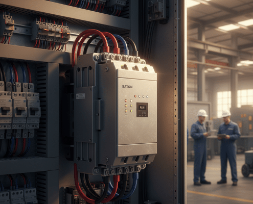 A close-up view of the Eaton S801 softstarters unit installed in a control panel for reduced voltage motor starting.