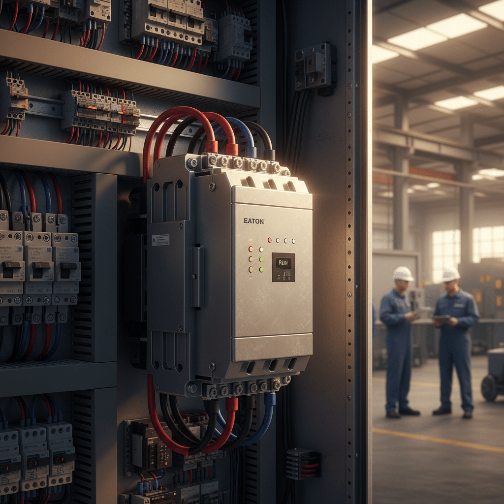 Eaton S801 Softstarters for Reduced Voltage Motor Starting A close-up view of the Eaton S801 softstarters unit installed in a control panel for reduced voltage motor starting.