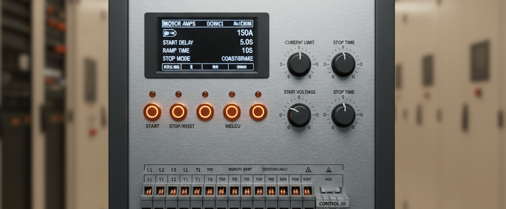 A close-up image of the front panel of the Eaton S811 softstarters, showing its settings and connections for motor control.