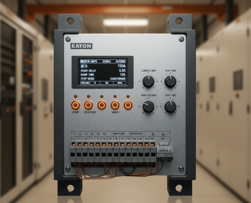 A close-up image of the front panel of the Eaton S811 softstarters, showing its settings and connections for motor control.