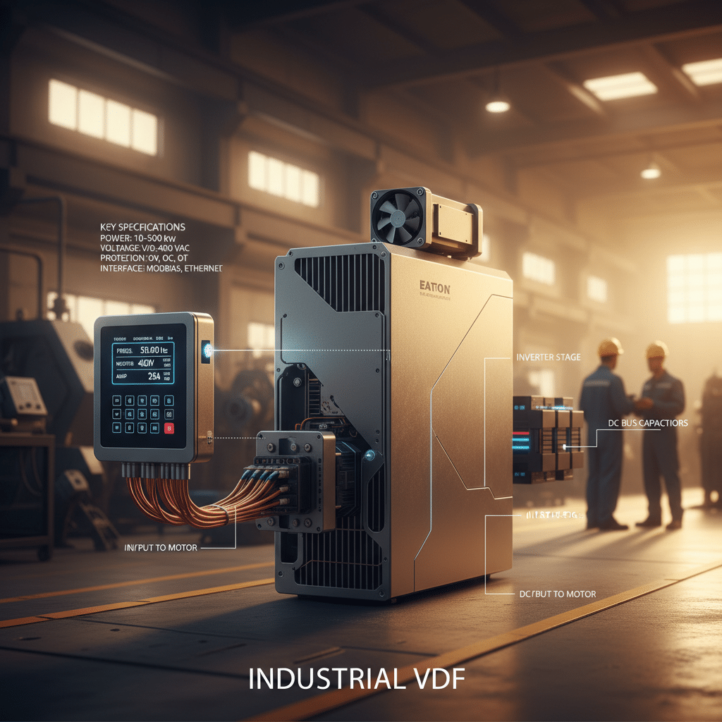 Diagram showing the key specifications of the Eaton SPX9000 variable frequency drives VFDs, including the control panel an...