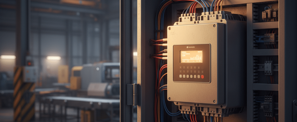 eaton spx9000 variable frequency drives vfds - A close-up of the Eaton SPX9000 variable frequency drives (VFDs) mounted insid