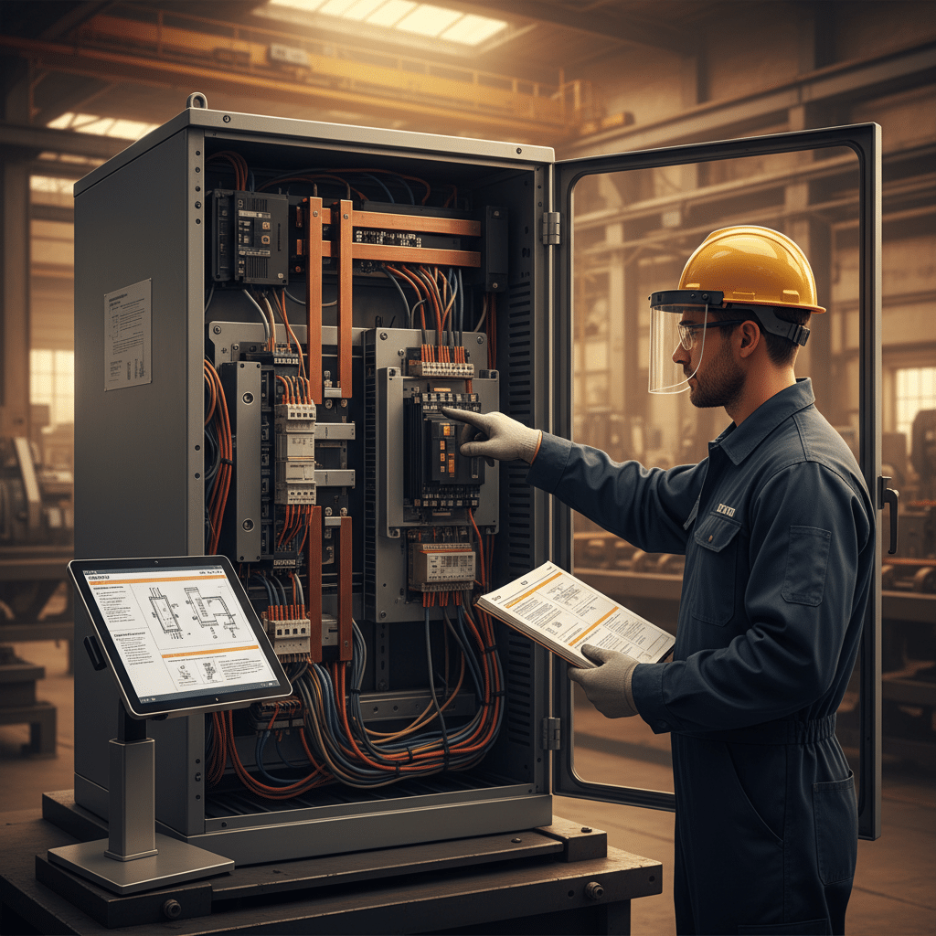 Technician demonstrating safe wiring for Eaton SPX9000 variable frequency drives VFDs according to the manual's guidelines.