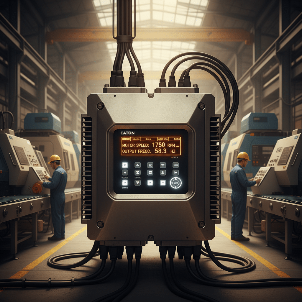 Front view of the Eaton SVX9000 variable frequency drives VFDs, showcasing its digital display and interface for core feat...