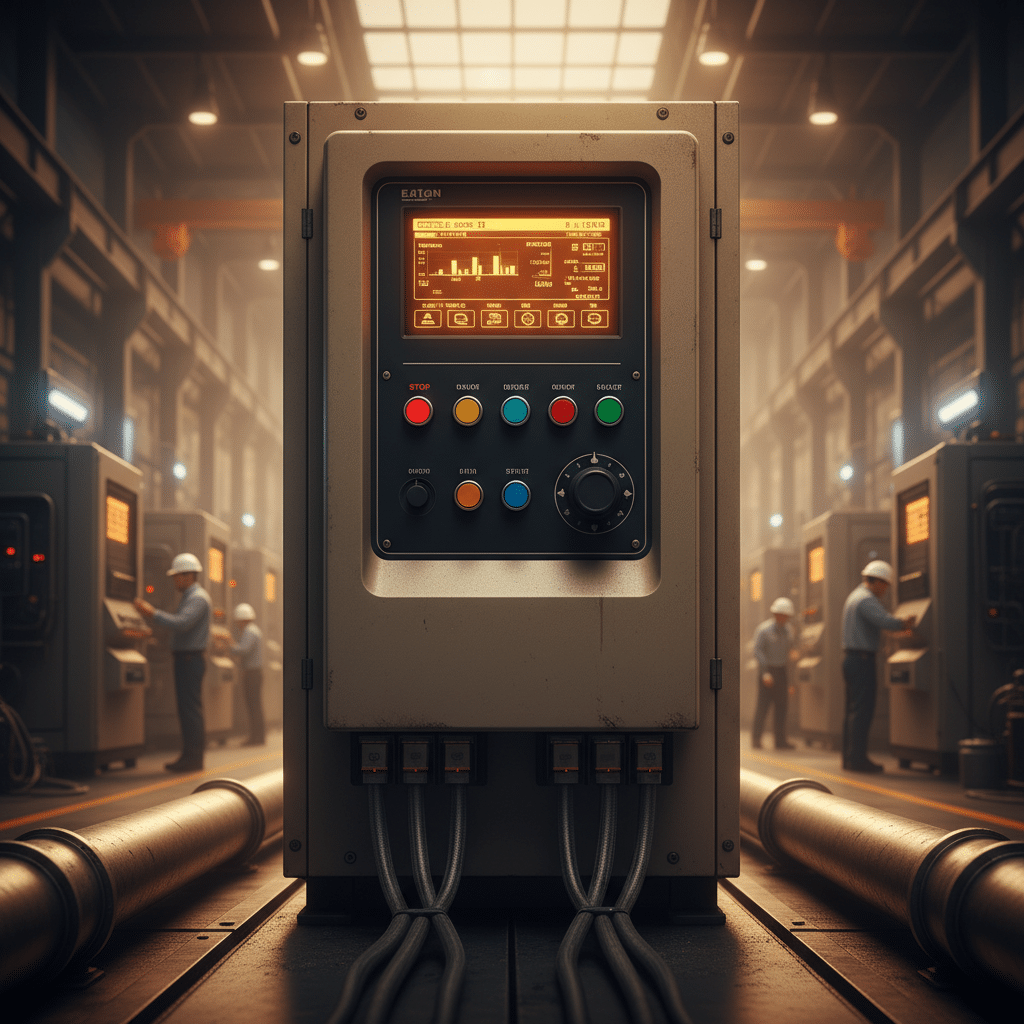 Front view of the Eaton SVX9000 variable frequency drives VFDs, highlighting the user interface and control panel.