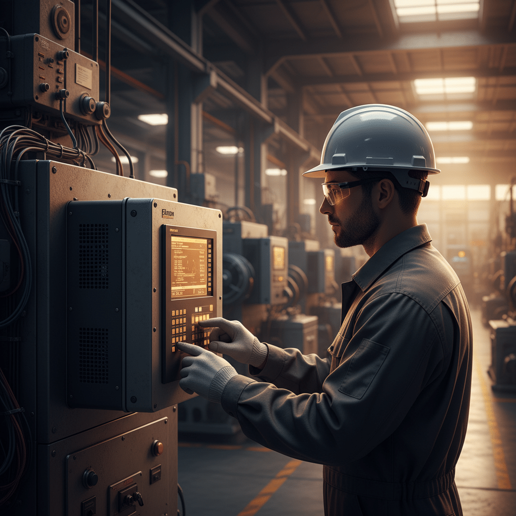 A technician programming one of the Eaton SVX9000 variable frequency drives VFDs using the built-in keypad control panel.