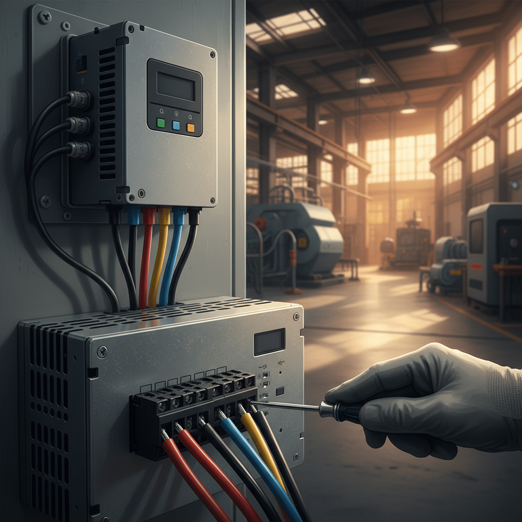 Close-up of the wiring terminals during the installation of abb acs150 variable frequency drives vfds for safety.