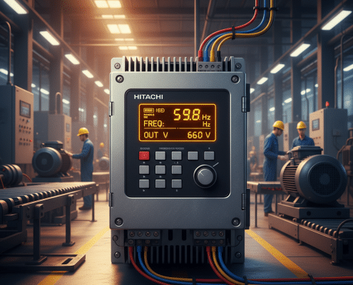 A front-view image of the Hitachi NE-S1 variable frequency drives VFDs, showcasing the operator panel and digital display.