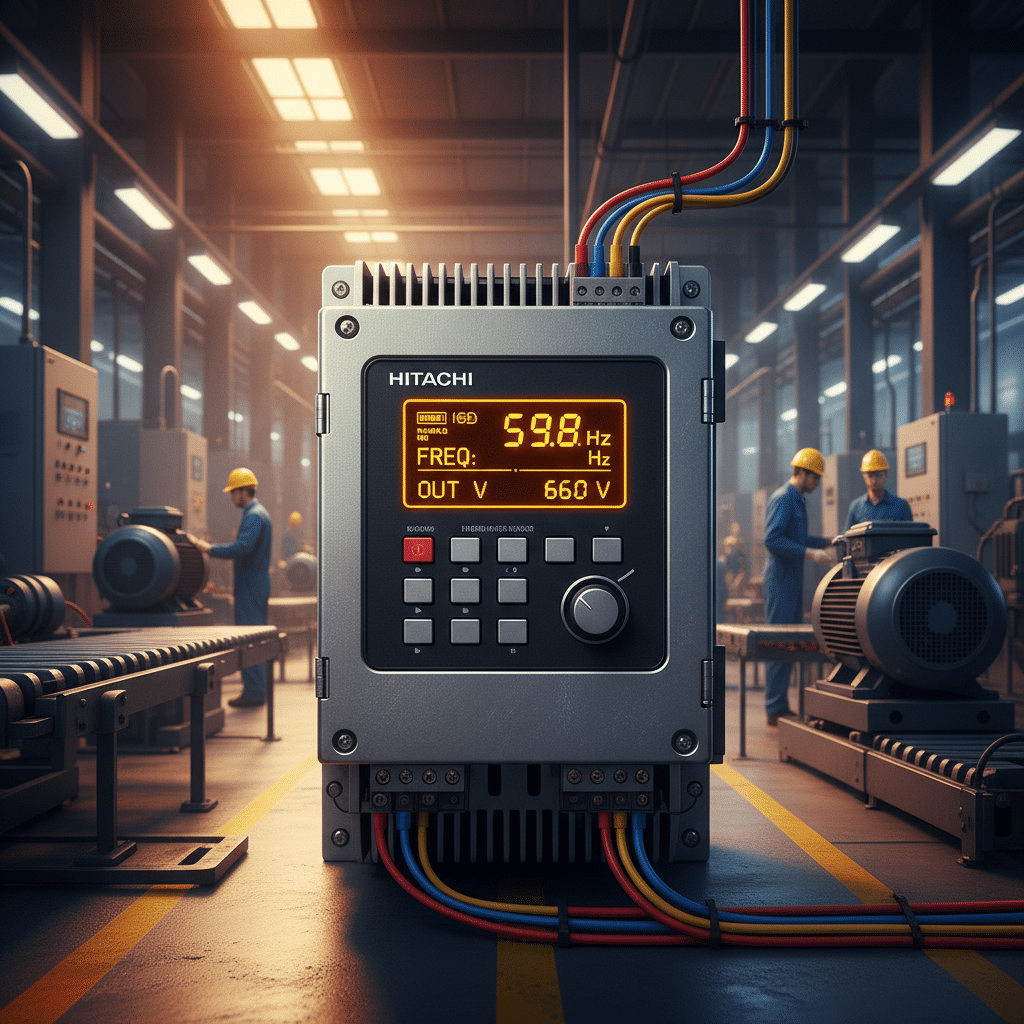 A front-view image of the Hitachi NE-S1 variable frequency drives VFDs, showcasing the operator panel and digital display.