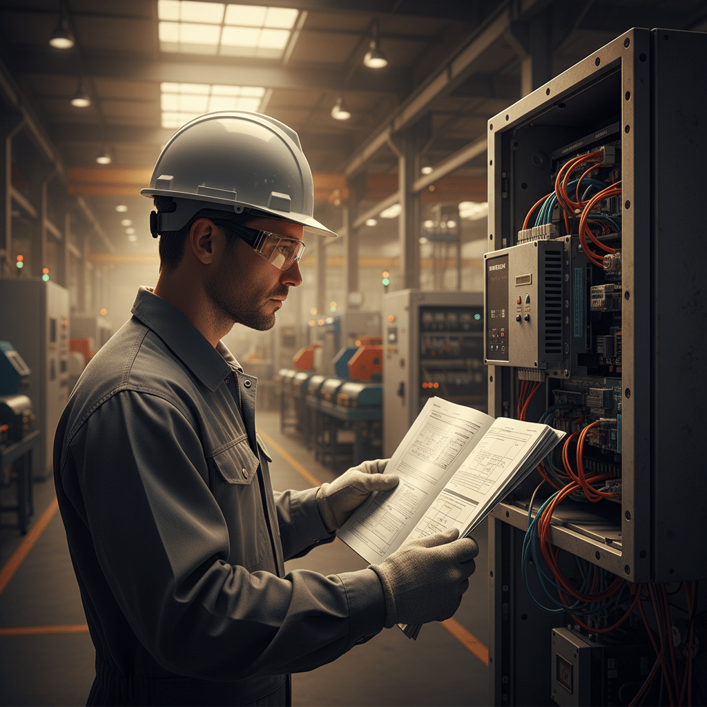 Technician referencing a manual for the safe installation and wiring of Hitachi NE-S1 variable frequency drives VFDs.