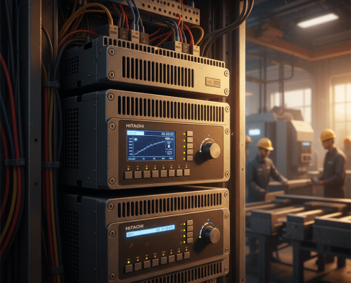 A close-up of the hitachi sj-p1 variable frequency drives vfds, showing the digital interface and controls for precise ind...