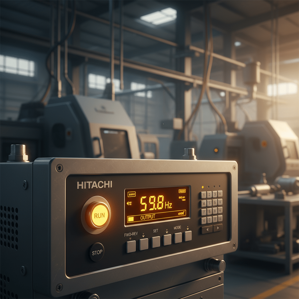 Close-up of the control panel on the Hitachi SJ-P1 variable frequency drives VFDs, showing its digital display and core fe...