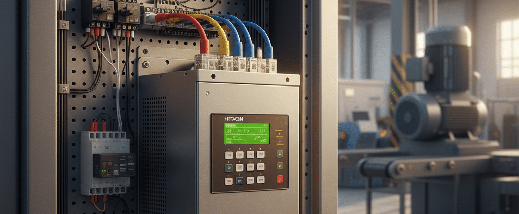A clear image of the Hitachi SJ700 variable frequency drives VFDs unit mounted inside an industrial motor control panel.