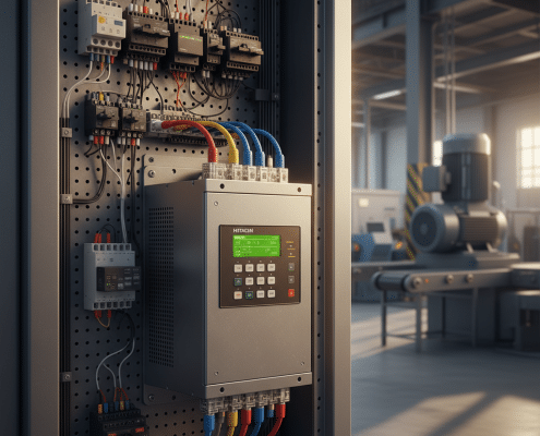 A clear image of the Hitachi SJ700 variable frequency drives VFDs unit mounted inside an industrial motor control panel.