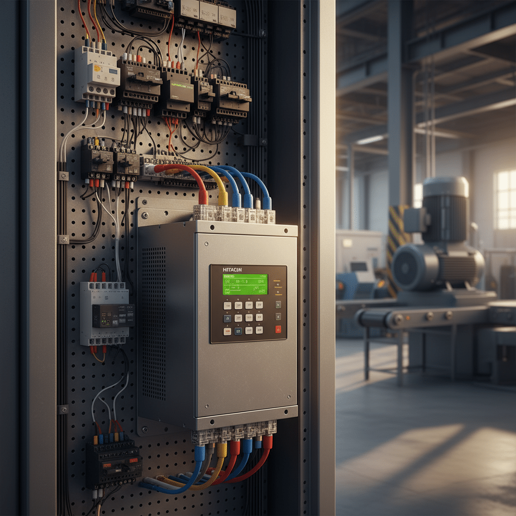 A clear image of the Hitachi SJ700 variable frequency drives VFDs unit mounted inside an industrial motor control panel.
