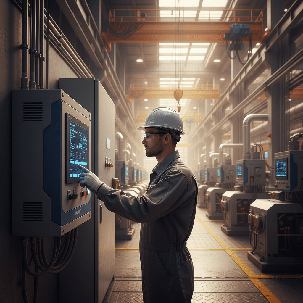 A technician programming the essential parameters on the control panel of the hitachi sj700 variable frequency drives vfds.