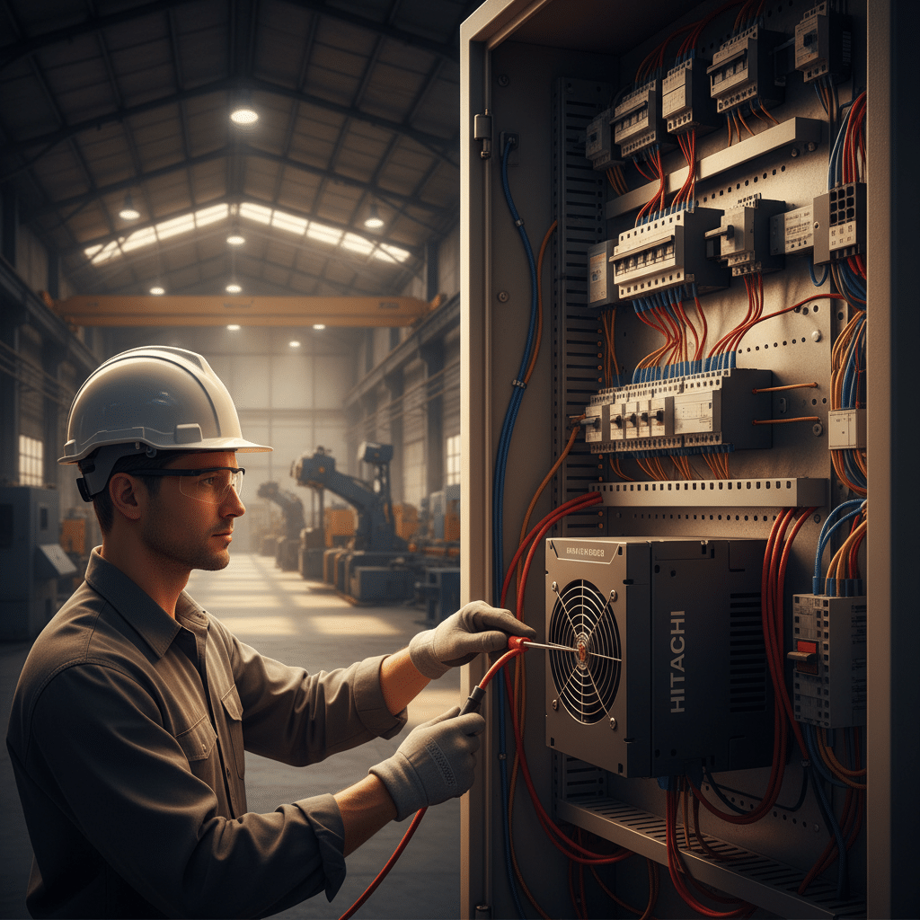 A technician demonstrates safe installation best practices for Hitachi SJ700 variable frequency drives VFDs, carefully wir...