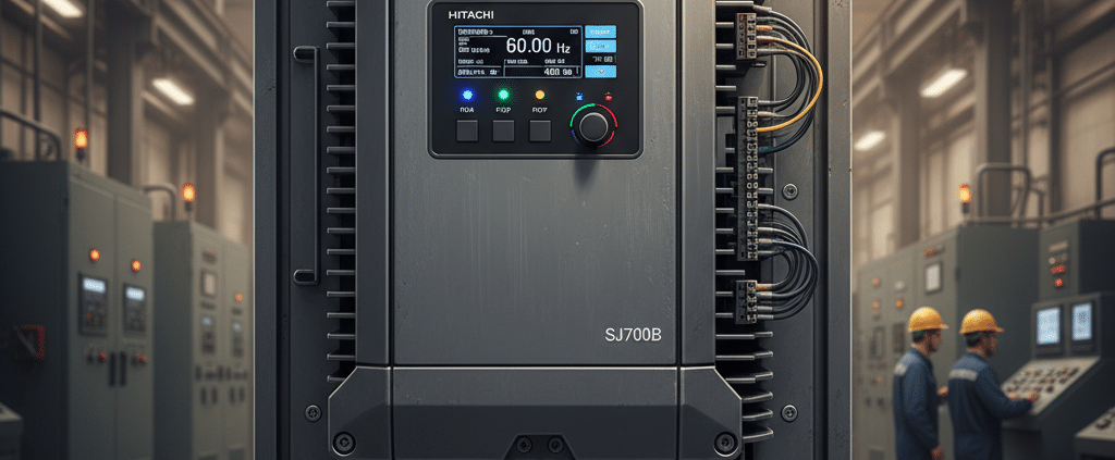 A front view of the Hitachi SJ700B variable frequency drives VFDs, showcasing its digital operator panel and durable casing.