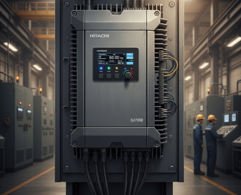 A front view of the Hitachi SJ700B variable frequency drives VFDs, showcasing its digital operator panel and durable casing.