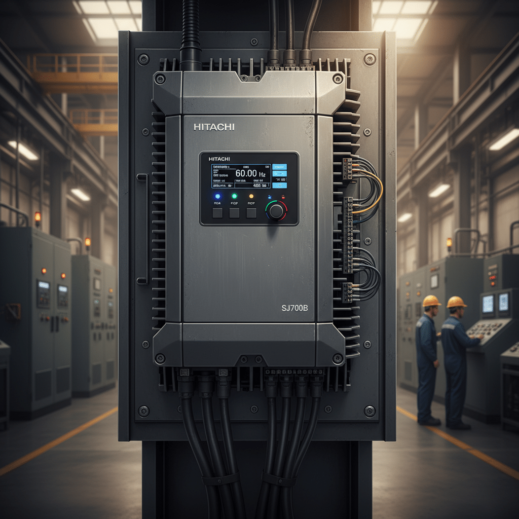 A front view of the Hitachi SJ700B variable frequency drives VFDs, showcasing its digital operator panel and durable casing.