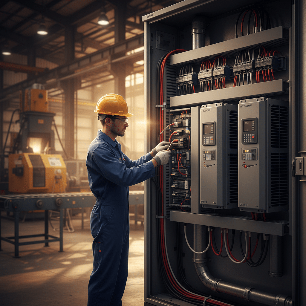 A technician performs the initial wiring for Hitachi SJ700B variable frequency drives VFDs, ensuring a correct and safe in...